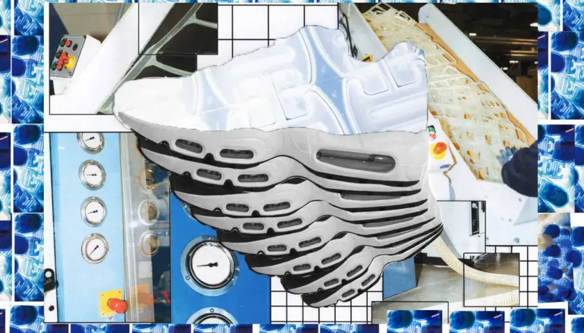 Kolaż przedstawiający fragmenty buta Nike, maszynę przemysłową i niebieskie butelki.